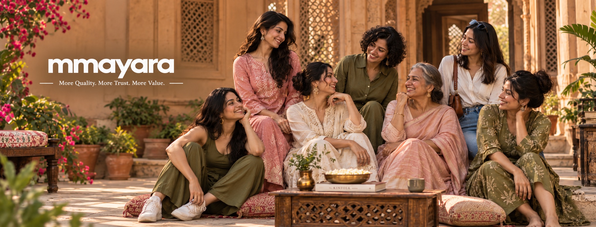 Seven women in Mmayara kurtas, co-ords and dresses sitting together in a sunlit courtyard